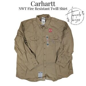 NWT Carhartt Twill Shirt Men 4XL Khaki Fire Resistant NFPA 2112 Relaxed Workwear